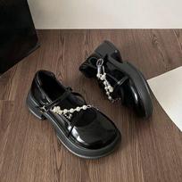 2025 New Women's Black Thick Sole Mary Jane Loafer with Pearl Chain Detail College Style Spring and Autumn Fashion Shoes 40 black