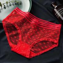Women's Sexy Lace Mid-Waist Transparent Thong - Summer Ultra-Thin Breathable Mesh Style Size M [33-45 kg] raudona