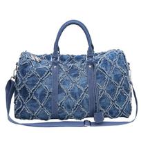 Travel bag Rhombus large-capacity denim oblique span bag Trend multi-functional fitness business trip accommodation storage duffel bag mėlyna