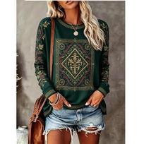 Autumn and Winter Women's 3D Printed Crew Neck Long Sleeve T-Shirt Ethnic Style XL black