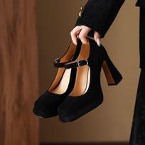 High-heeled Mary Jane shoes spring new models huge and thin square head thick sole shallow mouth single shoes 34 black