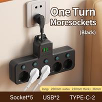 EU Plug Power Adapter with 5 AC Sockets & Individual Switches – Optional USB/Type-C Ports Socket*5 + USB + Type C juoda