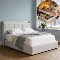 Lova su didele dėže 160x200, su pakelimo mechanizmu, su USB lizdais, lentjuosčių pagrindas, skandinaviška, beige linų, 200x160cm