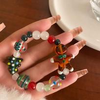 Christmas Glass Gingerbread Man & Tree Beaded Bracelet Set brown