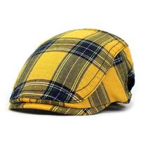 Retro Plaid Beret Cap Short Brim Cloth Painter Cap Curved Brimmed Hat British Forward Hat  School yellow