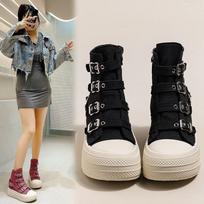 Fashion Korean Version of Thick-soled Martin Boots, One-word Buckle Canvas Shoes, Women's Autumn Retro Simple Casual Shoes, Sneakers, Single Shoes 40 juoda