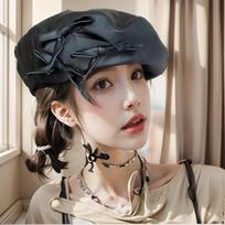 Women’s Hat Spring Fall Beret Retroeleganteasiest for Match Octagonal Hat Leather British Black Hat (pi duo bow) beret - black gray