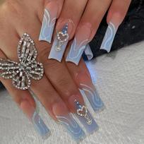 ins style long wear armor diamond pendant blue gradual change line fake nail patch finished nail sticker cross-border jelly glue type black