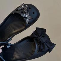 High-End Mary Jane Ballet Crocs Flower Buckle Accessories black
