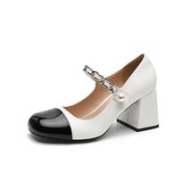 Vintage Mary Jane shoes female French miu * square head high heels fairy style small leather shoes pearl patent leather thick heel single shoes 39 white