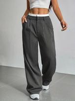 Women's Lazy Style Straight Wide-leg Pants  Summer Striped Versatile High Waist Casual Pants XS pilka