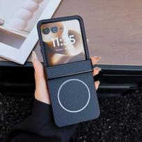 Skirta Motorola Razr 70 Ultra MagSafe belaidžio įkrovimo dėklas MOTO Razr Ultra 2026 anglies pluošto smūgiams atsparus kietas dėklas buferis MOTO Razr Ultra 2026 mėlyna