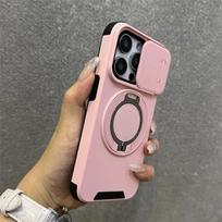 Heavy-Duty Rugged Armor Magnetic Bracket Phone Case For iPhone 17 16 Plus 15 14 13 12 11 Pro Max Slide Camera Protection Cover iPhone 12 Pro rožinė