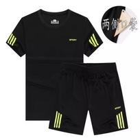Mens Quick-Dry Running Set Short Sleeve T-Shirt 5/8 Length Shorts Sportswear Athletic Wear L black