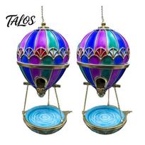 Stained Glass Bird Bath Hot Air Balloon Feeder Fountain, Hanging with Water Fountain Weather Resistant Tray, Vintage Bronze Outdoor Garden Decor 2pcs