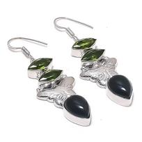 Black Onyx, Peridot Gemstone 925 Sterling Silver Earring 2.36 gray