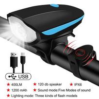 USB Rechargeable Bike Headlight with Horn Waterproof LED Front Light for Mountain Road Bicycle Night Riding Safety mėlyna