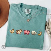 Stardew T-Shirt, Star Dew Valley Lover Gift, Stardew Animal Crewneck Shirt, Cute Video Gamer TShirt Autumn Gaming Tee, Sheep Chicken Pig Cow 150 gray