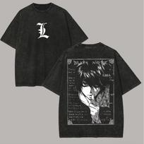 2026 Death Note L Vintage Washed T‑Shirt Anime Manga Print Short Sleeve Men Oversized Unisex Harajuku Streetwear High Quality Casual Loose Cotton Tops XXL black