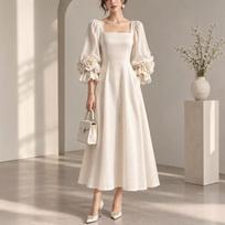 Women's Square Neck Puff Sleeve 3D Floral Slim Fit Cinched Waist Long Formal Evening Gown Dress XXL beige