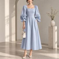 Women's Square Neck Puff Sleeve 3D Floral Slim Fit Cinched Waist Long Formal Evening Gown Dress XL