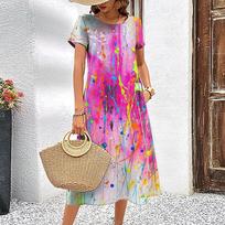 Vasarinės trumparankovės suknelės Klasikinės spalvų dermės Moteriški drabužiai Ilga suknelė 3D tie-dye moteriški drabužiai Laisvas apvalios kaklo megztinis XL pink