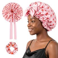 Printing Double Layer Satin Bonnet Night Sleep Cap Wrap Satin Hair Shower Cap Tie Band Adjustable Straps Head Wrap For Curly Ha brown