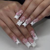 24Pcs Nude Pink French Press On Nails With 3D Bowknots And Flowers Reusable Fake Nail Tips gray
