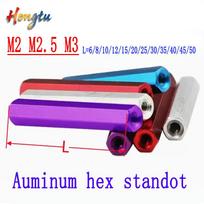 5 silver hexagonal post spacers with red backs, dark blue, light blue, gold, purple, and orange finishes, M2-M3 M2  5pcs&50mm violetinė