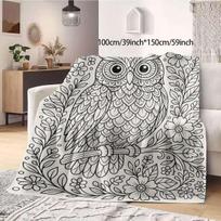 Adult Coloring Style Owl Floral Pattern Flannel Blanket, Black And White Line Art with English Label, Home Air-Conditioned Room Warm Cover, Outdoor Tr 125X150CM gray