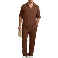 Men's 2 Piece Outfit Set, Wrap‑Front Camp Collar Short‑Sleeve Shirt & Straight‑Leg Trousers, Resort‑Ready Casual Co‑Ord for Vacation & Daily Wear XXL kava
