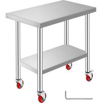 VEVOR nerūdijančio plieno darbo stalas 30 x 18 x 34 coliai, 700 svarų apkrova, su 4 ratukais, 3 reguliuojami aukščio lygiai 76.2 x 45 x 86 cm