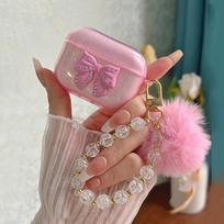 3D Pink Bow Case for Airpods 1/2 Protective Wireless Earphone Cover for Airpods Pro/Pro2 Case with Haieball Chain M rožinė