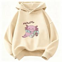 Kids Trendy Axolotl Drinking Bubble Tea Hoodie Children's Sweatshirt Cute Hoody for Boys Girls Autumn Winter Casual Hoodies 160 beige