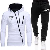 Vyriškas UFC sportinis džemperis su gobtuvu ir kelnių komplektas su įstrižu užtrauktuku S balta