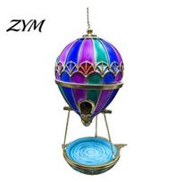 Wild Bird Feeder Stained Glass Hot Air Balloon Fountain, Hanging with Water Fountain Outdoor Tray, Vintage Bronze Garden Decor for Patio Porch 1pc blue