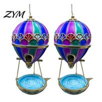 Wild Bird Feeder Stained Glass Hot Air Balloon Fountain, Hanging with Water Fountain Outdoor Tray, Vintage Bronze Garden Decor for Patio Porch 2pcs