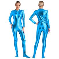 S-3XL Moteriškas blizgus metalinis Zentai kombinezonas visam kūnui, su paaukštintu kaklu, ilgomis rankovėmis, užtraukiamas priekyje, Unitard, skirtas pasirodymams ir klubui S dangaus mėlyna spalva