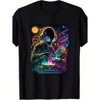 Vyriški šviečiantys tamsoje ateivio DJ marškinėliai, Retro-futuristiniai astronautų neoniniai rave marškinėliai, Trumpomis rankovėmis, skalbiami mašinoje, Tinka EDM koncertams, muzikai 5XL black