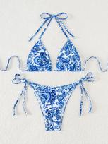 Moteriškas maudymosi kostiumėlis gėlėtas su kaspinėliu, seksualus trikampis, surišamas šone, žemo liemens bikinis, paplūdimio drabužiai, maudymosi kostiumėliai L kūdikio mėlyna spalva