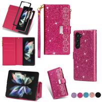 Suitable for Samsung Z Fold7 mobile phone leather case Z Fold4 glitter star laser engraving card zipper wallet case samsung z fold7 rožinė raudona spalva
