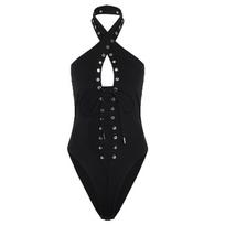 Women's Halter Crisscross Sleeveless Bodysuit Punk Eyelet Leotard Jumpsuit Going Out Bodysuit Top M black