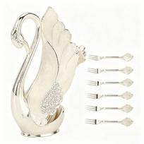 7pcs Swan Shaped Coffee Spoons Set Zinc Alloy Material Swan Utensil Holder  Dessert Serving 6 Forks white