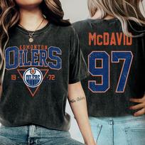 Custom Name x Number Connor McDavid #97 Emonton Oilers Ice Hockey Vintage Comfort Color Shirt S brown