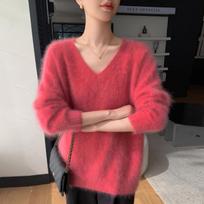 Women's V-Neck Cashmere Sweater: Loose, Thickened, Lazy Style Knitwear for Autumn/Winter 2025 M red