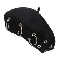 Trendy Iron Rings Beret Punk Style Painter Hat Beanie Hat Octagonal Hat for Morning Workout Chilly Outdoor Activities black