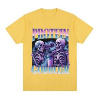 Protein Gobbler Gym TShirt Funny Skeleton Fitness Weightlifting Meme Graphic TShirt Unisex Women Fashion High Quality Cotton Tees 3XL yellow