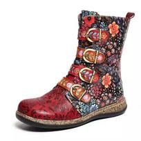 Autumn and winter new Martin boots women's embroidery hot short boots flat-bottomed medium boots 37 raudona