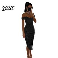 Sequined Slim Fit Gown Lady Evening Dress Off Shoulder Sleeveless Sequin Irregular Formal Hem Calf XL juoda