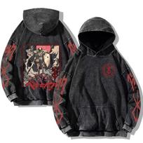 Harajuku Anime Berserk Guts Print su gobtuvu Vyriški moteriški vintažiniai manga gobtuvai Didelio dydžio gatvės drabužiai vyriški medvilniniai klasikiniai megztiniai XXXL gray